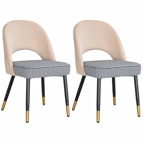 Hygrad Built to Survive Velvet Dining Chairs Set of 2 in Cream Checked Fabric