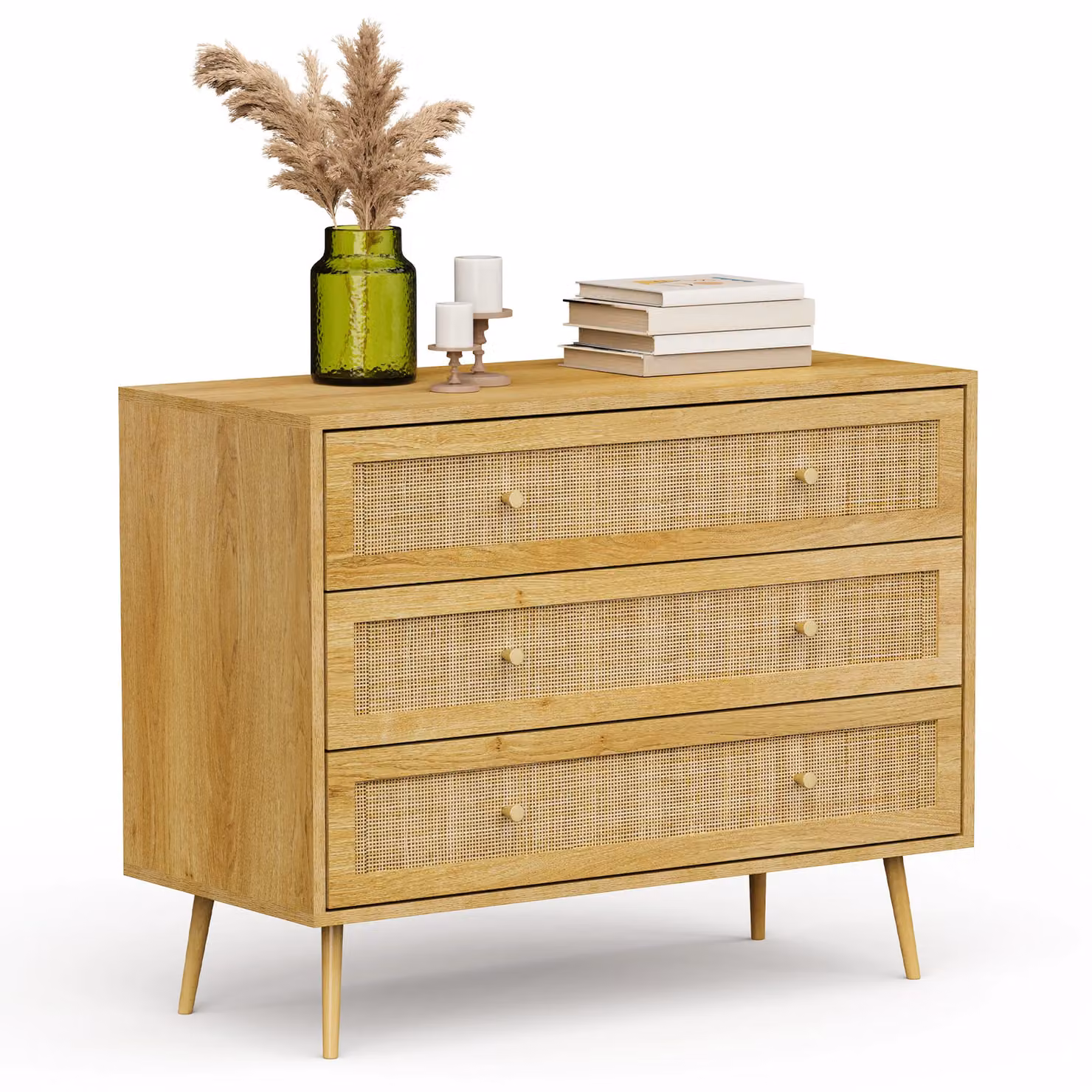 VonHaus Sienna Wide 3 Drawer Bedroom Storage Chest of Drawers with Rattan Fronts in Brown and Gold, W/D/H: 90 x 40 x 73 cm – 2
