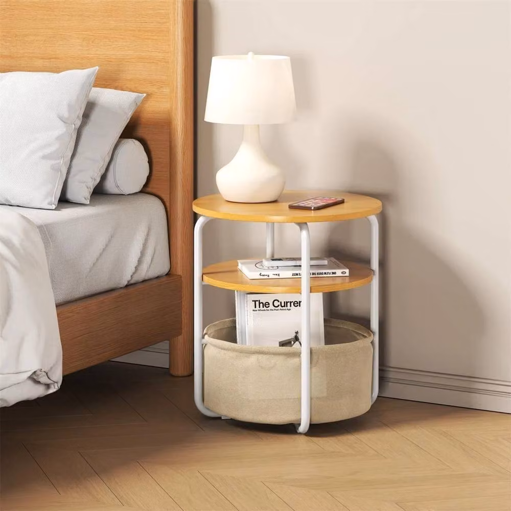 VOGREX 3-Tier Round Side Table with Removable Beige Fabric Basket in Natural Wood – 2