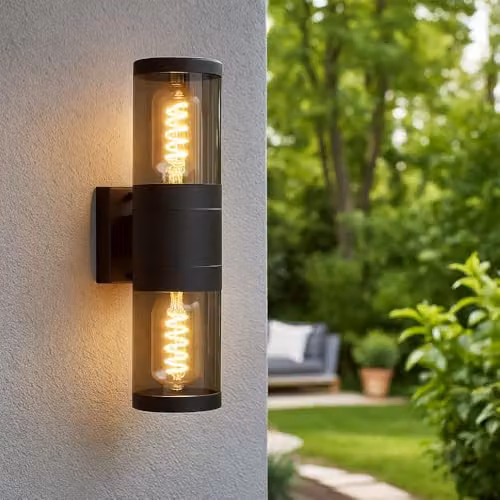 Netlighting Globo Lighting Up and Down Modern Cylinder Outdoor Wall Lamp in Black Stainless Steel, H 38 cm, 2x E27 Sockets, IP44 – 4