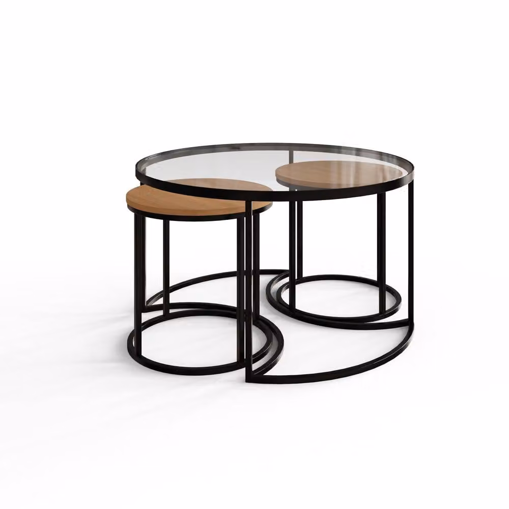 GFW Femi Nesting Tables in Light Oak with Black Glass Tops and Sled Base – 2