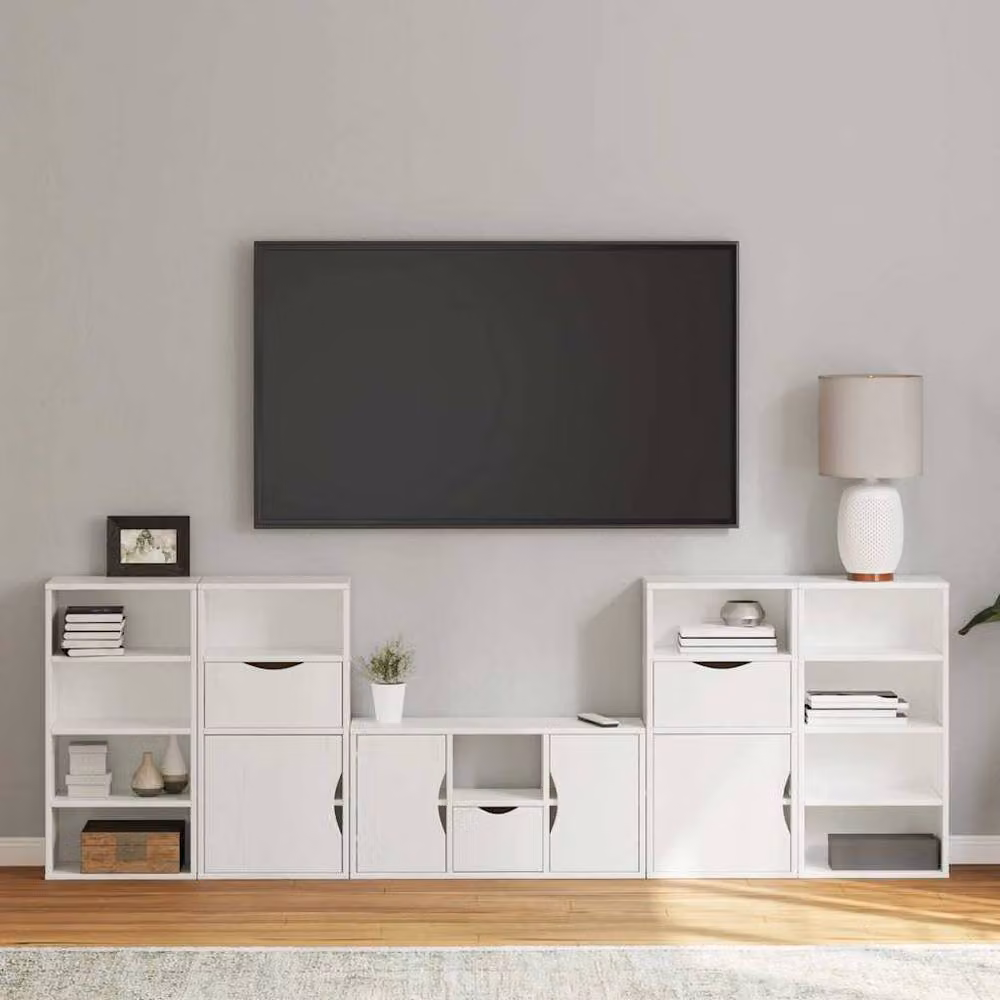 Berkfield Home ODDA 5 Piece White Solid Wood Pine TV Unit with Storage – 2
