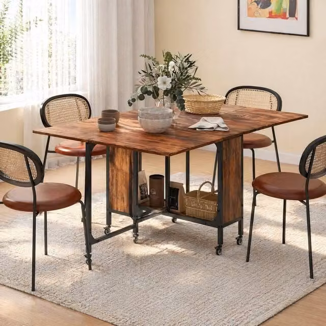 STILVORA Drop Leaf Dining Table with Storage in Rustic Brown