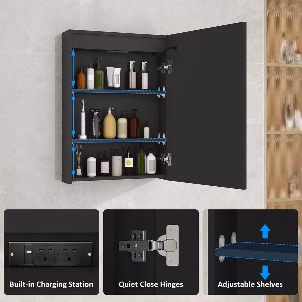 FORGEVIO Modern Wall Mounted LED Bathroom Mirror Cabinet with Shaver Socket in Matt Black – 3