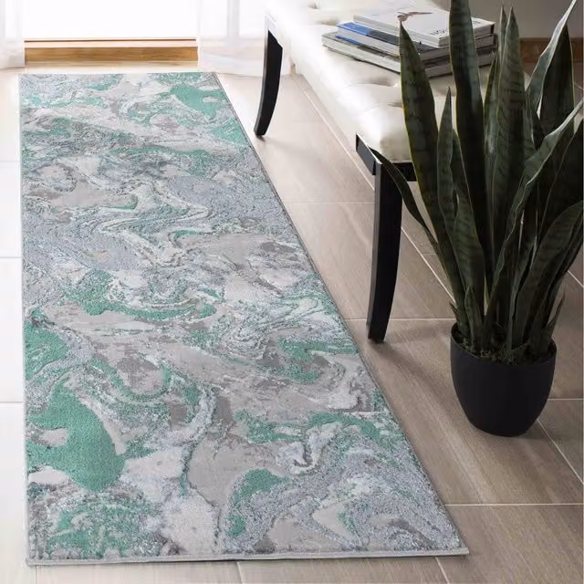 Serdim Rugs Emperor Solarius Modern Grunge Marbling Abstract Area Rug Runner in Turquoise and Green, W: 60 cm, L: 220 cm