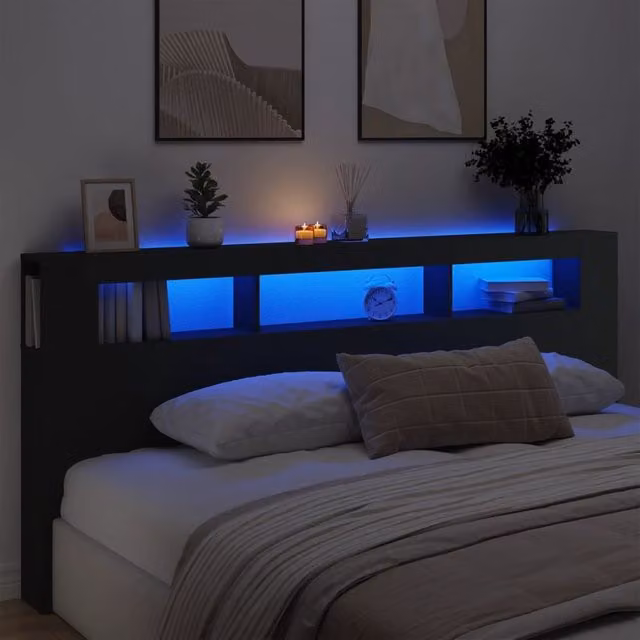 Berkfield Home Black LED Headboard with Integrated Lighting, Shelf and USB Charging Port, W: 220 cm, D: 18.5 cm, H: 103.5 cm – 1