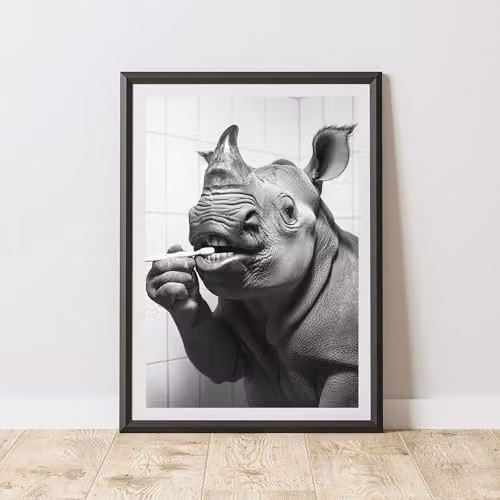 60 Second Makeover Rhino Brushing Teeth Animal Print Paper Poster, A4