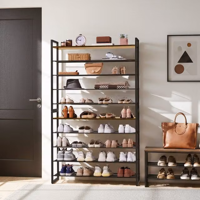 Yaheetech 10-Tier Stackable Shoe Rack in Black and Rustic Wood