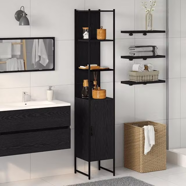 Berkfield Home Modern Black Oak Wall Mounted Bathroom Cabinet with Hinged Doors and Open Shelf, W/D/H: 33 x 33 x 185.5 cm