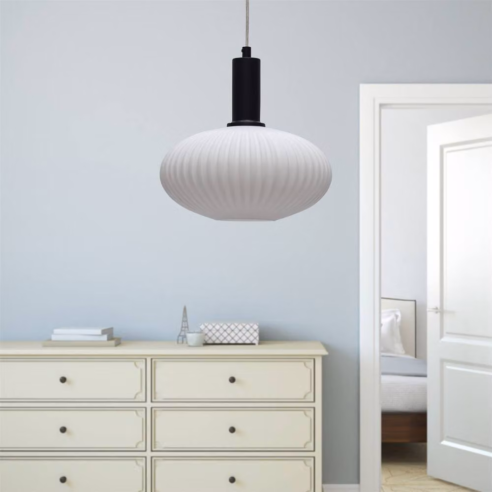 First Choice Lighting Baton Art Deco Pendant Light with White Ribbed Oval Glass and Black Metal Fitting – 3