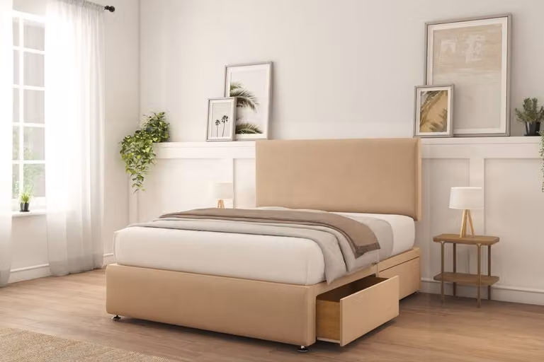 Sloomy Sterling Naples Divan Bed Base with 26 inch Strutted Headboard and 12 inch Matching Footboard in Beige Velvet, W/D/H: 90 x 200 cm