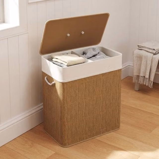 STILVORA Brown Laundry Basket with 2 Compartments, Lid, Handles and Removable Bag