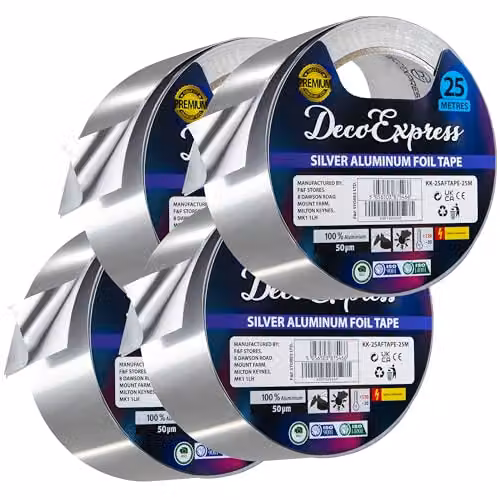 Deco Express Silver Aluminium Foil Insulation Tape, 4.5 cm x 25 m, 4 Pack – 1