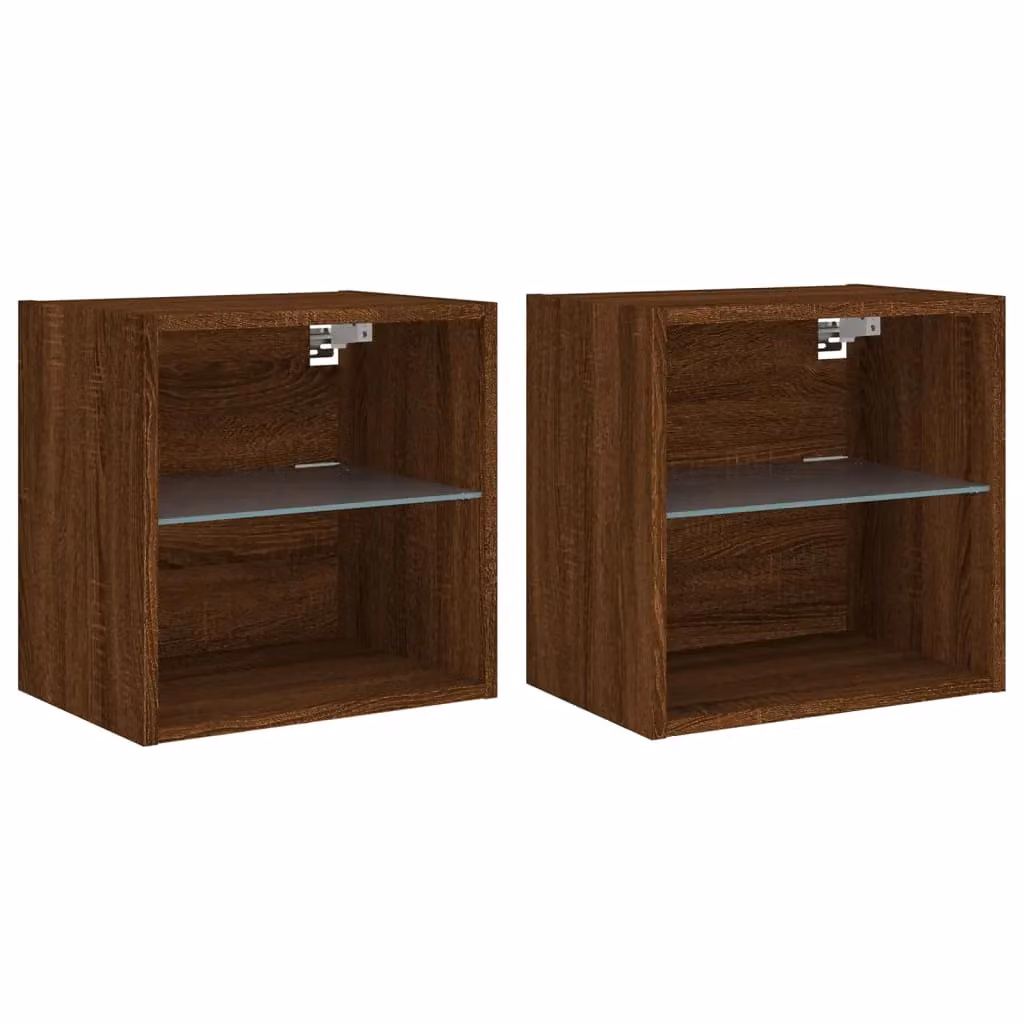 Berkfield Home Set of 2 Wall-mounted Bedside Cabinets with Integrated LED Lights in Brown Oak – 2