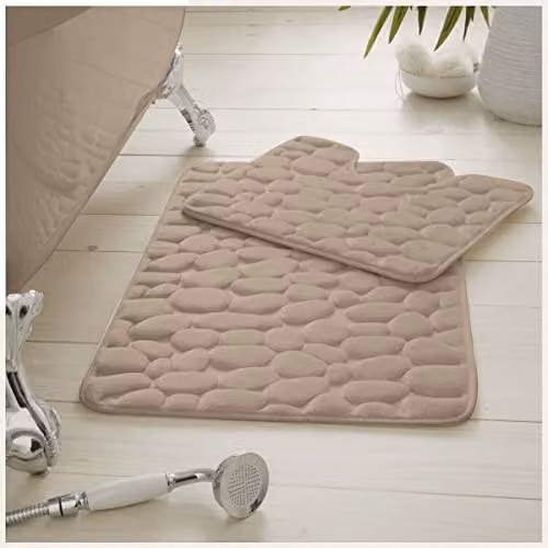 Gaveno Cavailia 2 Piece Memory Foam Bath and WC Pedestal Mat Set, Beige, W/D/H: 80 x 50 x 5 cm and 50 x 50 x 1 cm
