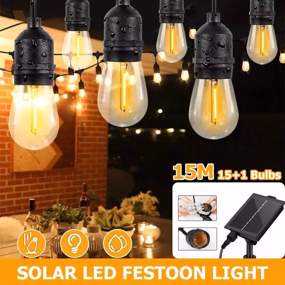 EONLION 15m Solar S14 Vintage Festoon String Lights in Black with Warm White LED and Dusk Sensor – 4