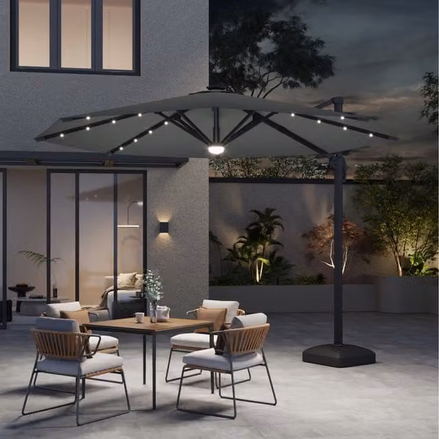 Garden Sanctuary Grey Cantilever Parasol with LED Lights and Weighted Base