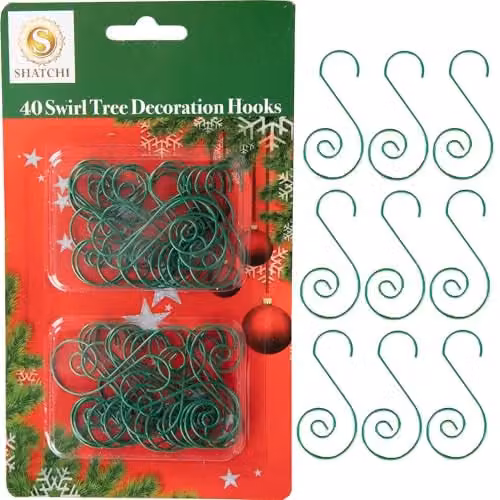 SHATCHI 40-Piece Green Metal Swirl S Hooks for Christmas Tree Baubles and String Lights – 1