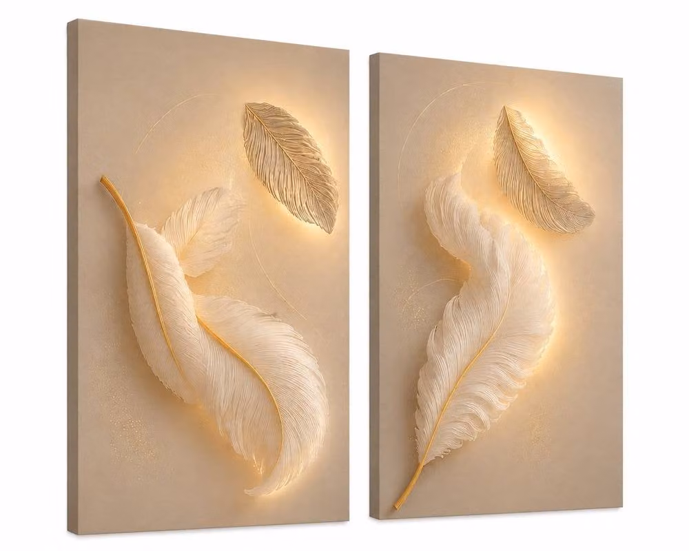 Mafett Premium Oversized Feather Canvas Wall Art Set of 2 in Beige and Gold, W: 60 cm, H: 90 cm – 2