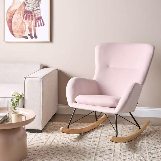 Wyld and Coco Pink Velvet Shell Rocking Chair with Armrests and Rubberwood Frame