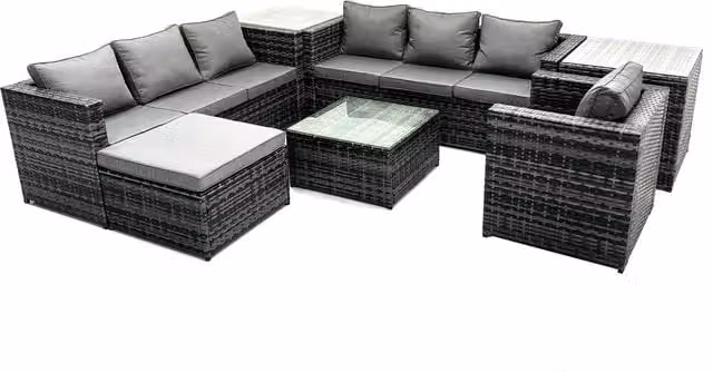 Fimous 8-Seater PE Rattan Garden Sofa Set in Dark Grey with U-Shape Design and Fabric Cushions