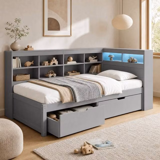 STILVORA Single Bed Frame with Storage Drawers, USB Charging Port, Under-Bed Lighting and Bedside Shelf, Grey, W/D/H: 90 x 190 cm – 1