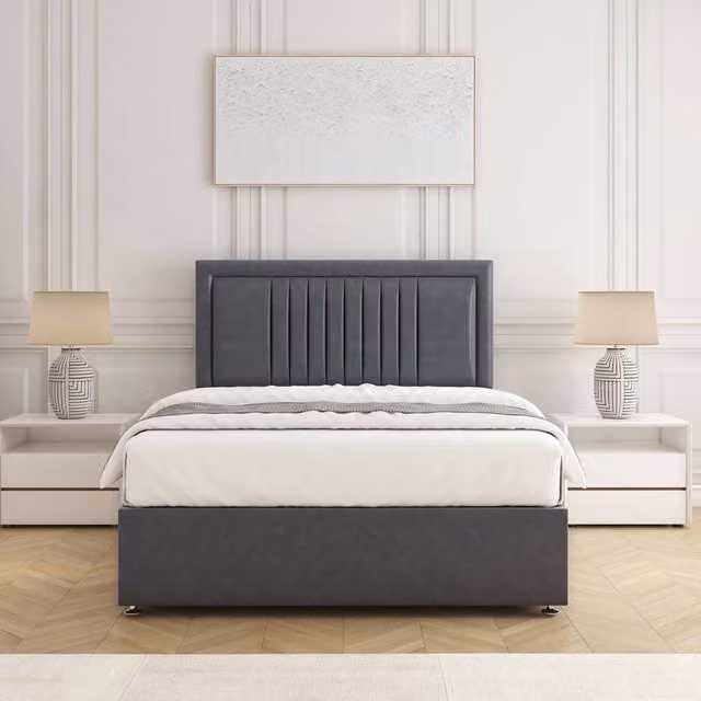 BSSPOKE King Size Canes Divan Bed Set with 24 inch Plush Velvet Headboard and Mattress in Grey, W/D/H: 180 x 200 cm