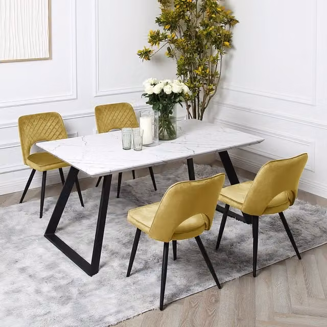 Home Garden Direct Venice Dining Set with Marble-Effect Rectangular Table and 4 Chairs in Yellow