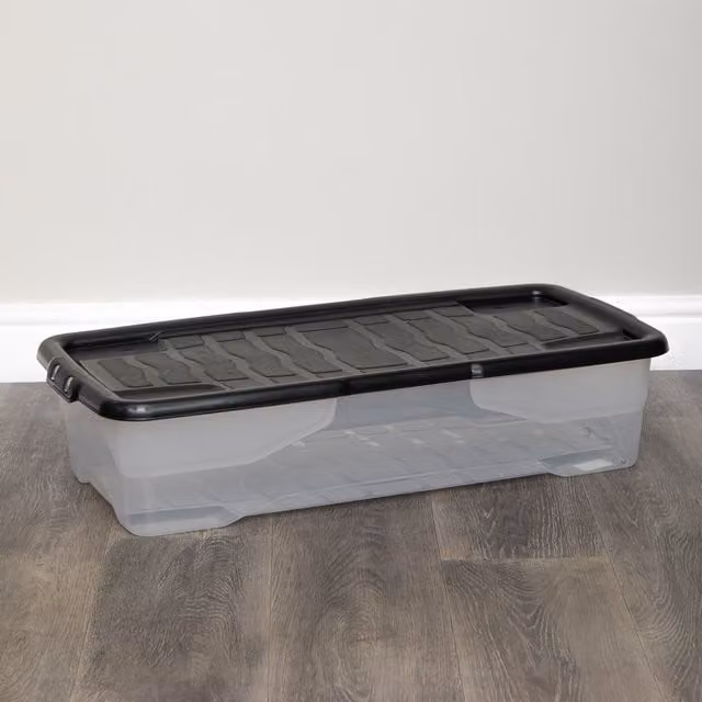 Samuel Alexander 42L Clear Under Bed Storage Box with Black Lid, Stackable and Nestable Design