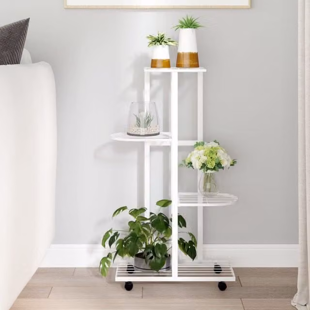 Berkfield Home 4-Tier Metal Flower Stand with Wheels in White, W/D/H: 44 x 23 x 80 cm