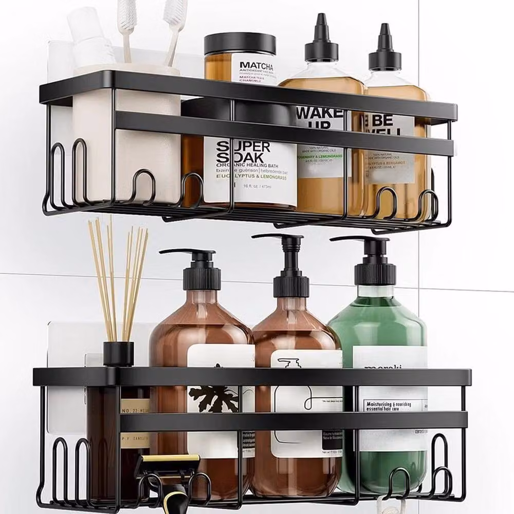 FLAVORA 3 Pack Stainless Steel Adhesive Shower Caddy in Black, Width: 50 cm – 4