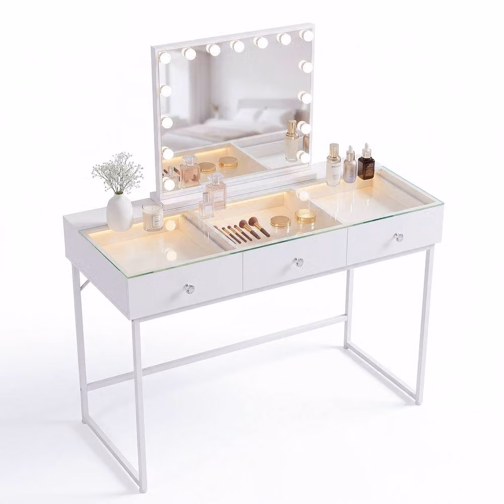 FENCHILIN Modern 3-Drawer Dressing Table with 15 LED Hollywood Mirror in White – 2