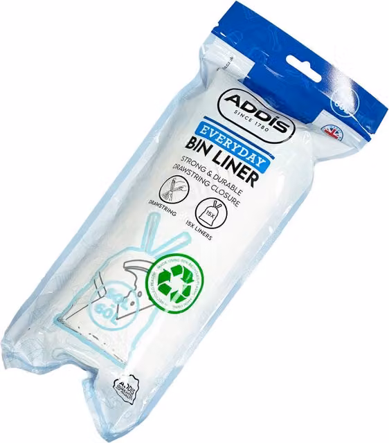 Addis Everyday Transparent Drawstring Bin Liners, 60l, Pack of 15