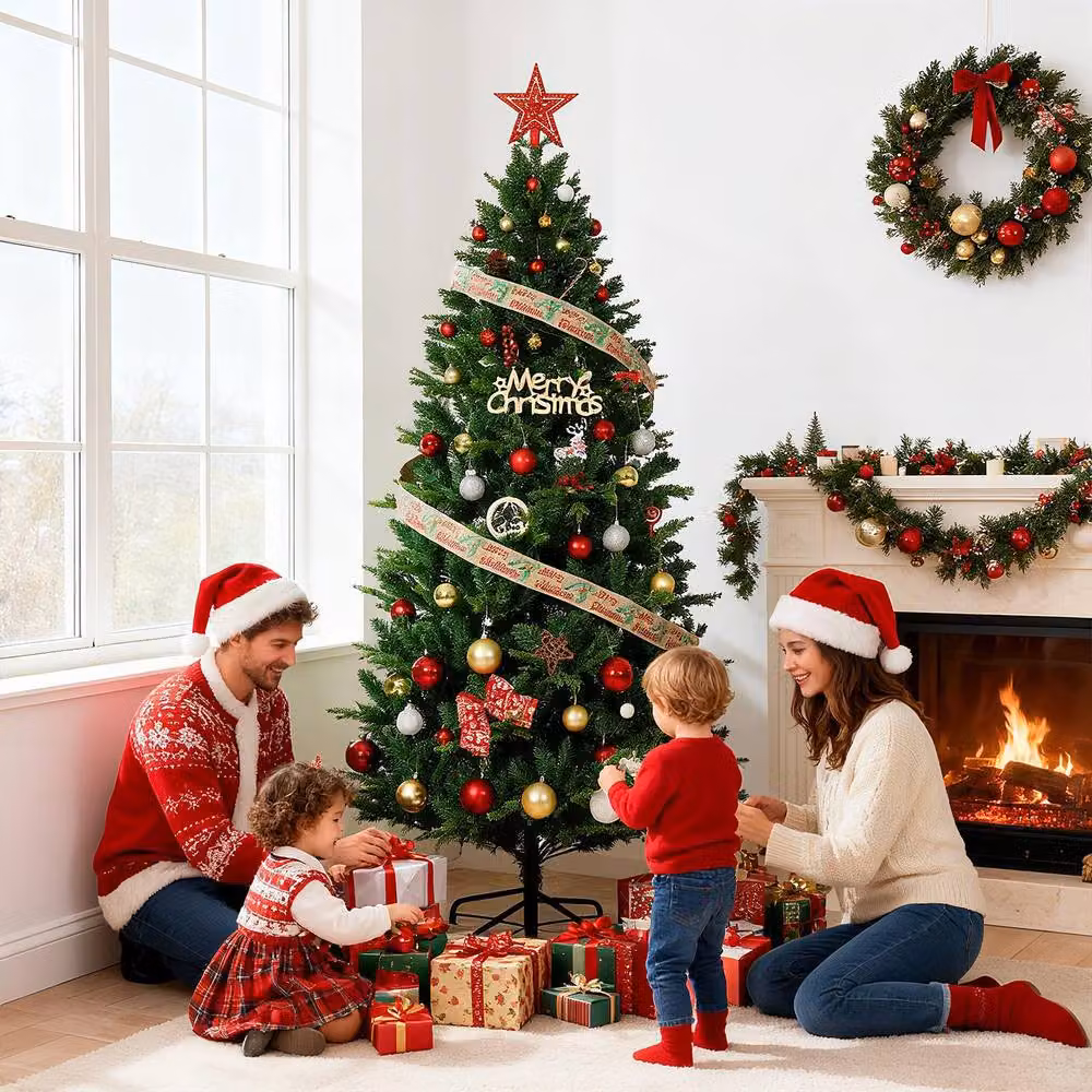 London Boutique 5FT Realistic Artificial Christmas Tree with LED Lights and 8 Lighting Modes in Green – 5