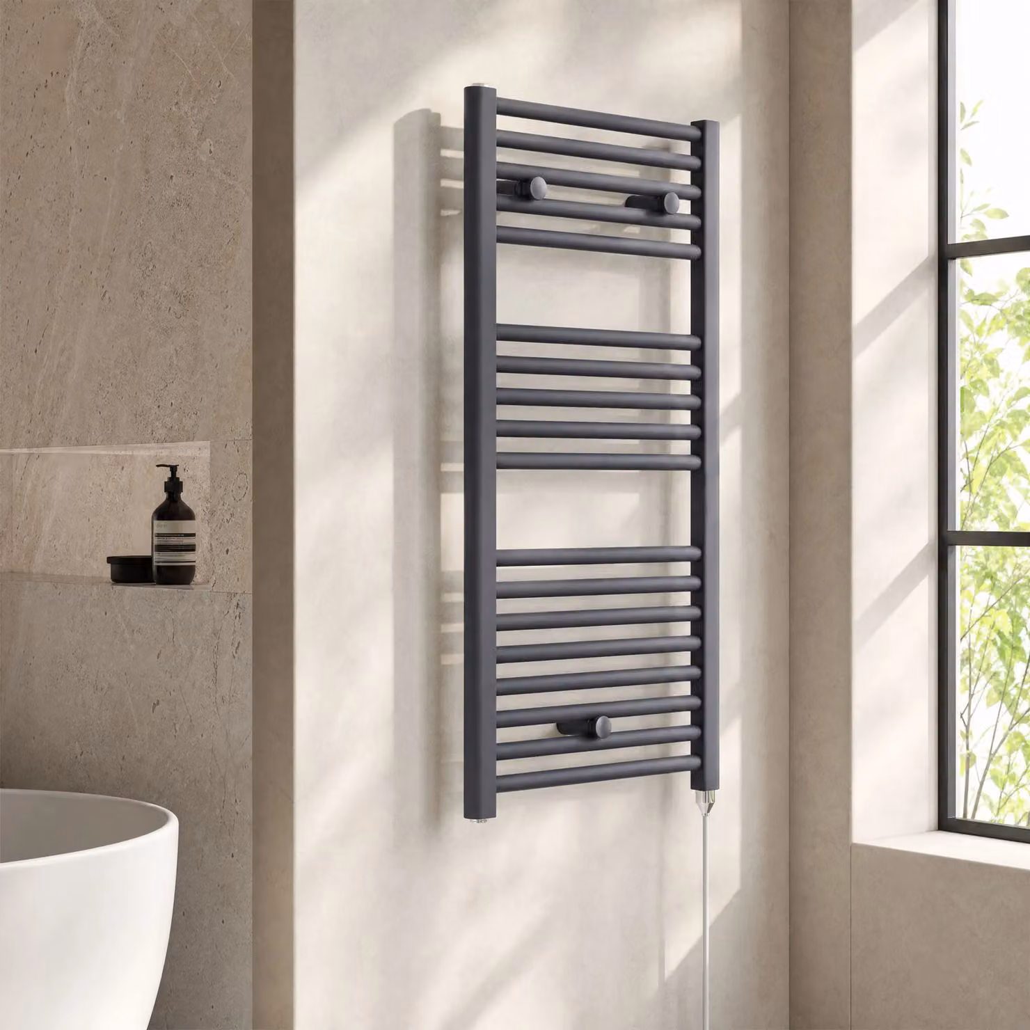 Balterley Electric Vertical Round Towel Rail with 18 Rails, W: 48 cm, H: 92 cm, Anthracite Grey – 3