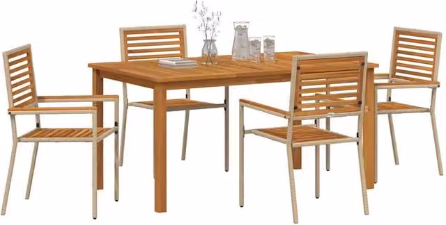 Berkfield Home Modern 5 Piece Garden Dining Set in Beige Poly Rattan and Acacia Wood – 1
