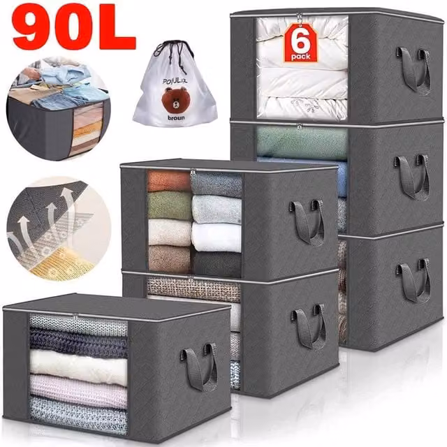 EONLION 6 Pack 90L Zipped Fabric Moving Boxes for Clothes in Grey