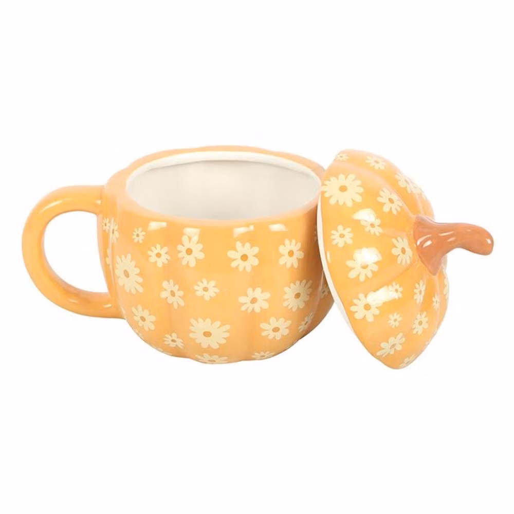 Uniqueful Groovy Floral Pumpkin Lidded Ceramic Mug in Orange, 500 ml – 3