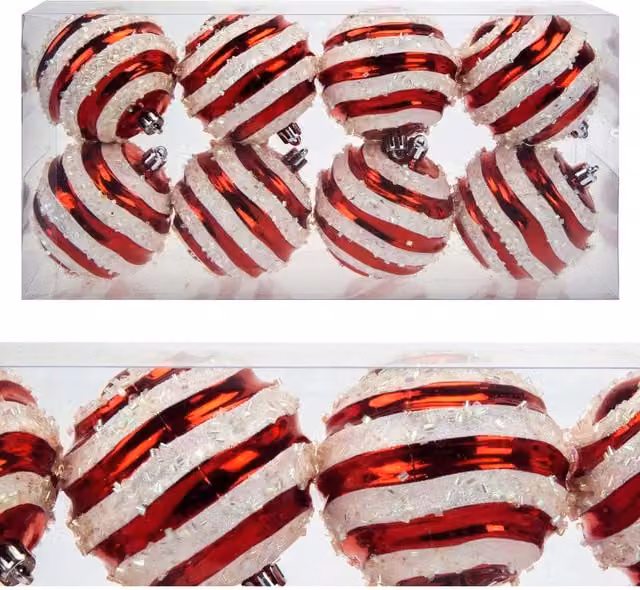 VFM e-Store Red and White Striped Glass Baubles, Diameter: 8 cm (8 Pack)