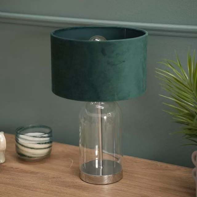 ValueLights Jessy Chrome and Glass Table Lamp with Forest Green Fabric Shade in Silver