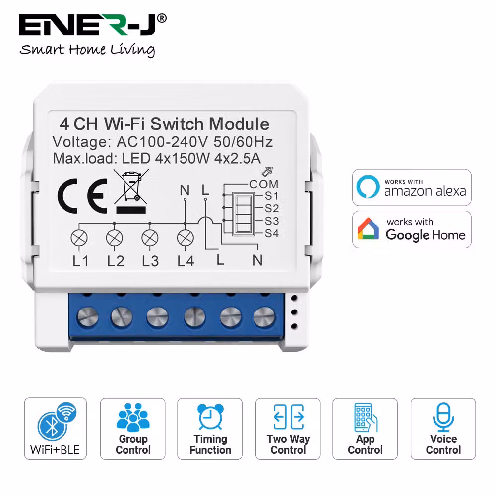 ENER-J Smart Home WiFi and BLE 4 Gang Light Switch Module, Quad Output, White – 2