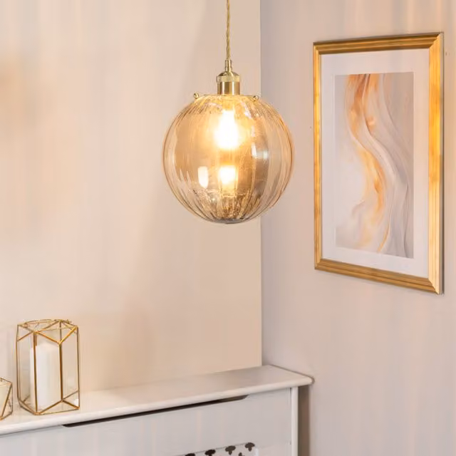 ValueLights Chessy Ribbed Glass Globe Easy Fit Lamp Shade in Gold/Brass