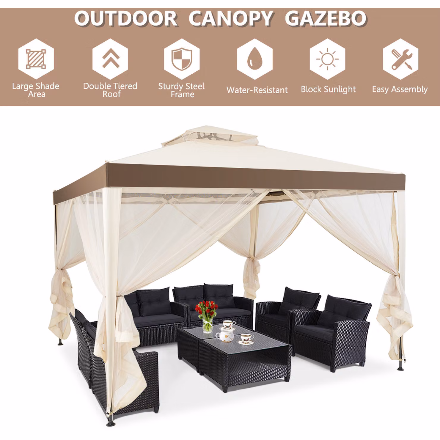 COSTWAY Double Tiered Roof Outdoor Garden Party Tent in Beige and Yellow, W/D/H: 304.8 x 304.8 x 304.8 cm – 2