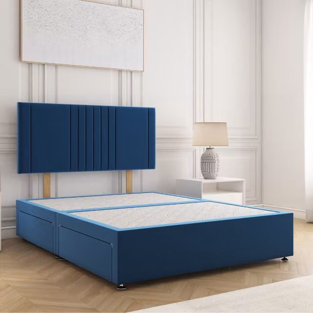 BSSPOKE Monaco Plush Velvet Divan Bed with 24 inch Headboard and 4 Drawers, Blue, W/D/H: 200 x 200 cm – 1