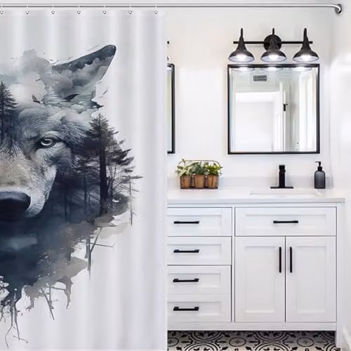 PAZZK Wolf Graphic Waterproof Polyester Shower Curtain with 12 Hooks, W: 168 cm, H: 183 cm – 4
