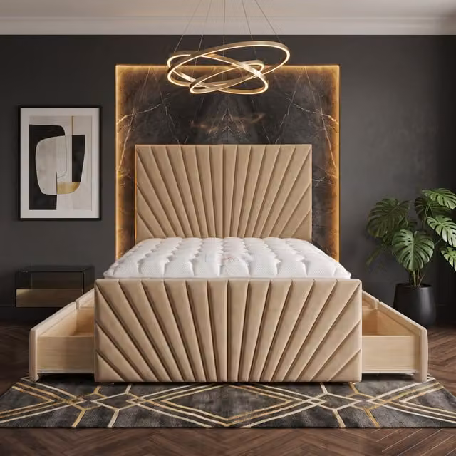 Somnior Beds Ltd Sunrise Velvet Divan Bed with Mattress and Drawers in Beige, W/D/H: 120 x 200 x 115 cm