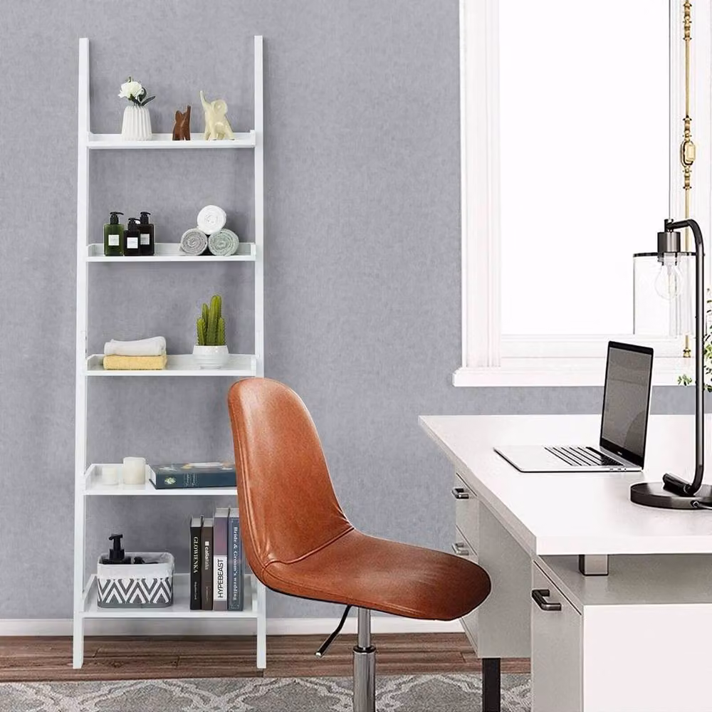 Kelvenix 5 Tier White Lacquered Wood and MDF Leaning Ladder Wall Mounted Shelf Unit – 3