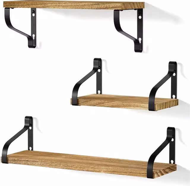 MANTRARAJ 3 Piece Brown Wooden Floating Shelves, Wall Mounted Display and Storage Units – 1