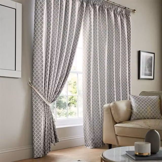 Luxury Living Modern Geometric Two-Tone Jacquard Pencil Pleat Taped Curtains in Silver, Width: 168 cm, Drop: 229 cm