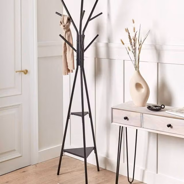 Wyld and Coco Black Coat Stand with 9 Hooks and 2 Shelves, Height: 181 cm – 1